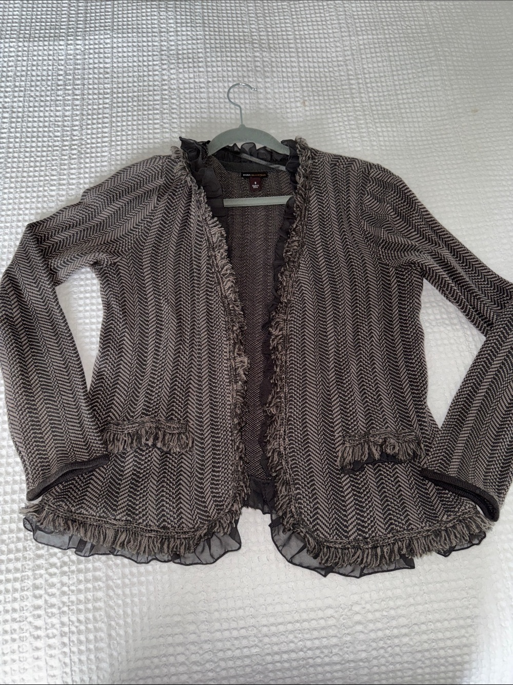 Dana Buchman Womens Brown Chevron Fringed Open Cardigan Sweater
